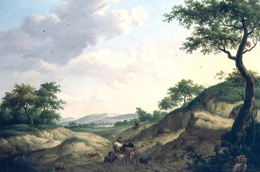 Un paisaje arbolado con pastores y animales en una roca