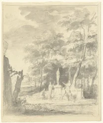 Paisaje arcádico con figuras alrededor de una estatua