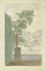 Diseño para una decoración de pared en un vestíbulo: Vista de un jardín con una estatua, una fuente y unas urnas