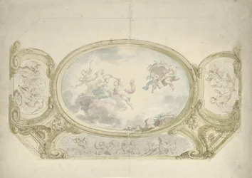 Diseño para una pintura de techo: óvalo con representación alegórica rodeado de escenas con putti