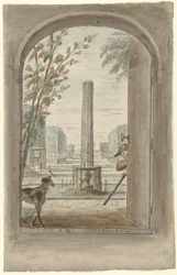 Diseño para un cuadro de habitación que muestra la cara a través de una puerta abierta en un jardín con fuente