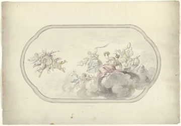 Diseño para una pintura en el techo que muestra a mujeres haciendo música y putti con una cesta de flores como alegoría de la Alegría