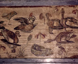 Mosaico romano de Pompeya de patos y ranas en un jardín acuático, siglo I