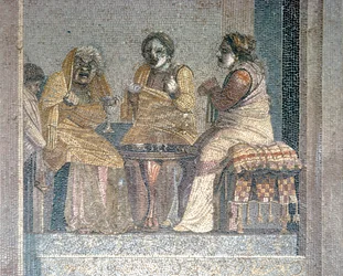 Mosaico romano de escena de obra con actores enmascarados, Villa de Cicerón, Pompeya, siglo II a.C.