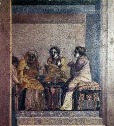 Mosaico romano de escena de obra con actores enmascarados, Villa de Cicerón, Pompeya