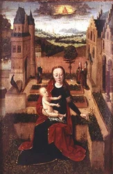 Madonna y Niño sentados en una pared