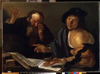 """"Heráclito y Demócrito"" Los filósofos griegos Heráclito de Éfeso (Heráclito) (535-475 a. C.) y Demócrito (Demócrito) (460-370 a. C.). Pintura de Theodore van Baburen (Dirk Baburen) (1570/90-1623/4) Museo de Bellas Artes Mikalo del siglo XVII