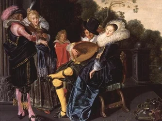 Una fiesta elegante haciendo música junto a un lago ornamental, 1621