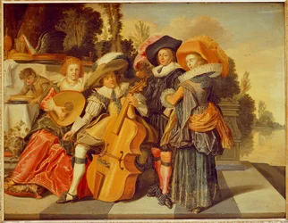Figuras elegantes haciendo música en una terraza junto a un lago