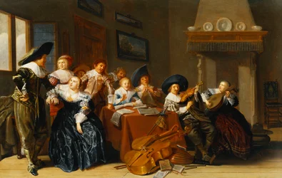 Figuras elegantes con instrumentos sentadas en una mesa y una joven cantando en un interior, 1637