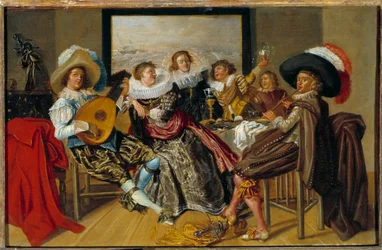 Encuentro galante: músicos y jóvenes mujeres tocando música y levantando sus copas en una fiesta