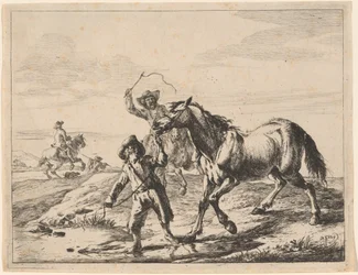 Un niño llevando un caballo a beber