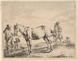 Un hombre sosteniendo un caballo por su brida