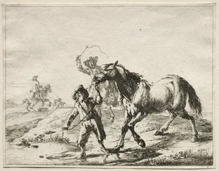 Un niño llevando un caballo a beber