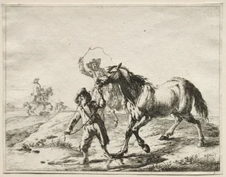 Un niño llevando un caballo a beber