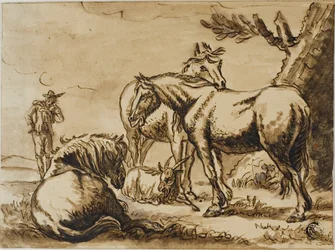 Caballos, cabra y un hombre