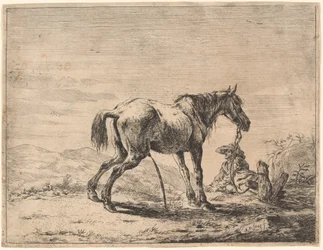 Caballo encabritado cerca de un establo