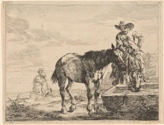 Dos caballos bebiendo en un abrevadero