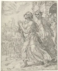 Judith y su sirviente salen de Betulia Judit y Holofernes (título de serie)