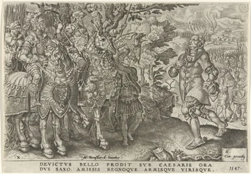 Rendición del duque de Sajonia en el campo de batalla de Mühlberg, 1547 Victorias de Carlos V (título de la serie) Divi Caroli. v. imp. optar. max victoriae, ex multis praecipuae (título de la serie)