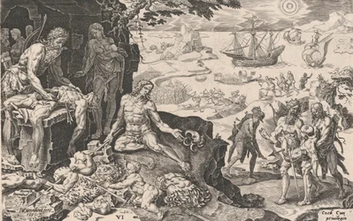 Las tropas imperiales llevando la civilización a los indios, de Las victorias del emperador Ch..., 1555.