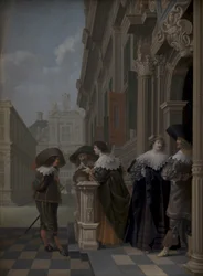 Conversación fuera de un palacio