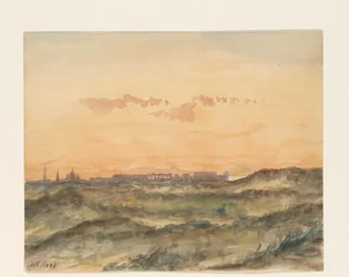 Paisaje con la silueta de una ciudad en la distancia