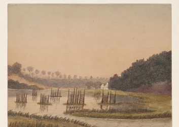 Paisaje pantanoso con un edificio a lo lejos