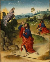 Moisés y la zarza ardiente, con Moisés quitándose los zapatos, hacia 1465