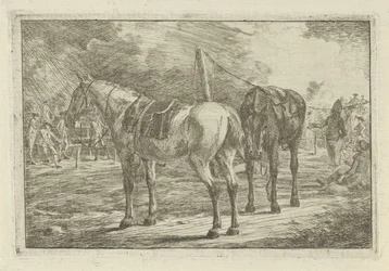 Dos caballos ensillados en un campamento militar