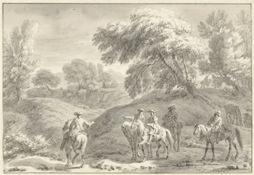 Paisaje montañoso con cazadores a caballo