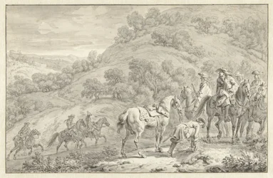 Paisaje de montaña con jinete a pie y otros cazadores a caballo