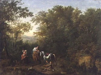Una partida de caza en un paisaje boscoso