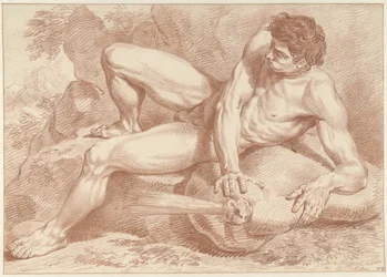 Desnudo masculino recostado, sobre una bolsa de la que sale aire