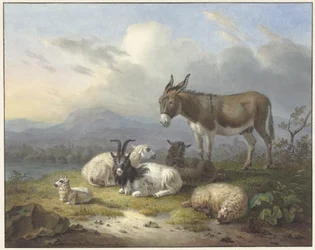 Paisaje con burro, cabra y oveja