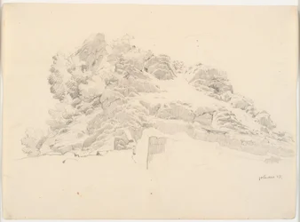 Paisaje rocoso con un pintor bajo una sombrilla