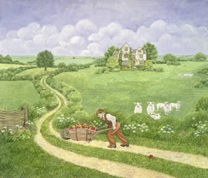 La carretilla de manzanas: Joseph Poorgrass llevando una carretilla de manzanas a la residencia de Bathsheba, de Lejos del mundanal ruido, por Thomas Hardy