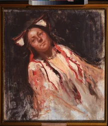 Una campesina - Pintura de Dmitri Anfimovich Shcherbinovsky (1867-1926), óleo sobre lienzo - Arte ruso