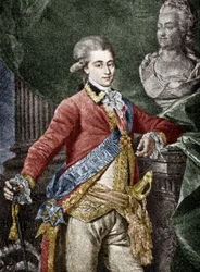Alexander Dmitrievich Lanskoy (1758-1784) militar ruso, amante de Catalina II de Rusia, grabado documento coloreado