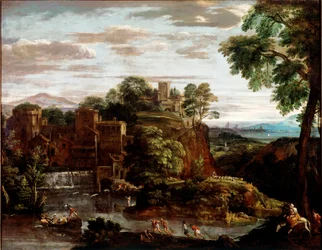 Paisaje con la Huida a Egipto. Pintura de Domenico Zampieri dit Il Domenichino (1581-1641) circa 1620. París, Museo del Louvre