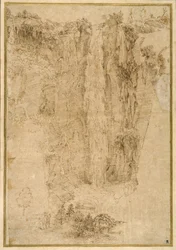 Paisaje con una cascada; al pie, dos hombres, uno montado