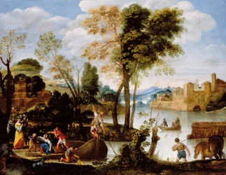 Paisaje fluvial italianizante con barquero y mujer con una cesta de cangrejos, c.1604-05