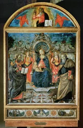 La Virgen entronizada, el Niño Jesús, dos ángeles y los santos Bartolomé y Antonio Abbas ...