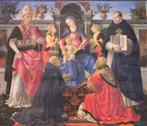 Virgen entronizada con dos ángeles, santos y el papa san Clemente