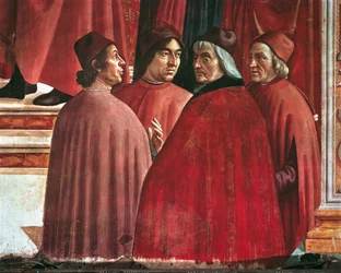 Historias de la Virgen María: Anunciación a Zacarías, detalle de Cristoforo Landino, Angelo Poliziano y Marsilio Ficino, c.1485-90 (fresco)