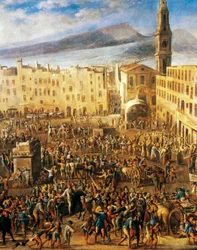 Piazza del Mercato en Nápoles, detalle de la Revuelta de Masaniello, de Domenico Gargiulo conocido como Micco Spadaro (1609 o 1610 - ca1675), pintura.