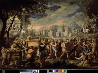 ""David llevando el Arca de la Alianza a Jerusalén"" (Rey David llevando el Arca de la Alianza a Jerusalén) El transporte del Arca Sagrada de la Alianza a Jerusalén, acompañado por el Rey David tocando el salterio. Pintura de Domenico Gargiulo (1609-1675)
