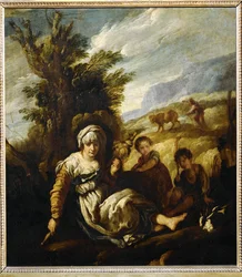 Le premier Age, Eve filant et Adam labourant - Eva hilando, Adán arando, también llamado Country Life ...