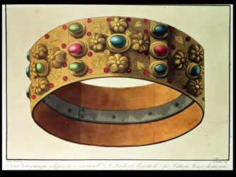 La Corona de Hierro de Lombardía que coronó a Carlomagno en 777 y a Napoleón en 1805 en la catedral de Milán, grabado por D. Landini (aguatinta)