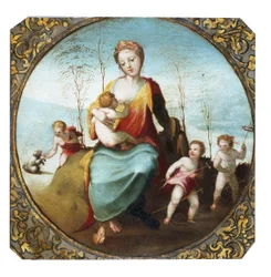 Beccafumi - Caridad amamantando a un niño y rodeada de tres niños jugando con un perro y caballos de tiro, ca. 1525